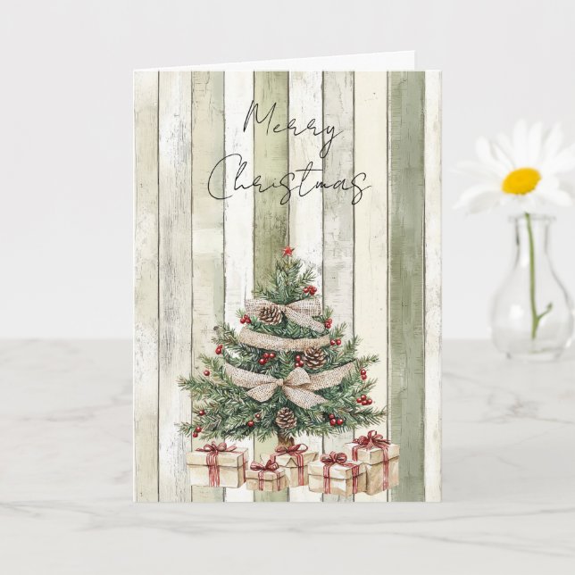 Merry Christmas Tree Faux Green Wood Stripes Card (Small Plant)
