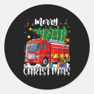 Merry Christmas Tree Firetruck Pajama Firefighter Classic Round Sticker