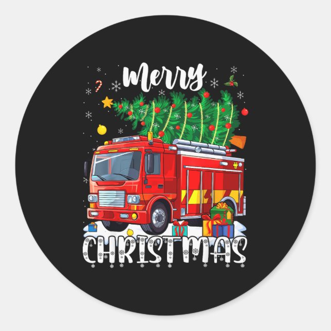 Merry Christmas Tree Firetruck Pajama Firefighter  Classic Round Sticker (Front)