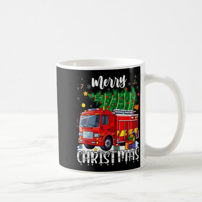 Merry Christmas Tree Firetruck Pajama Firefighter  Coffee Mug (Right)