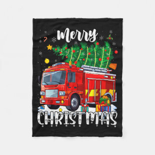 Merry Christmas Tree Firetruck Pajama Firefighter Fleece Blanket