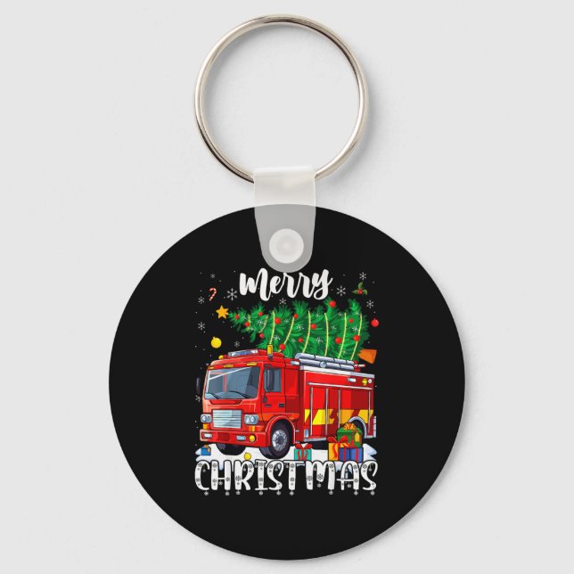 Merry Christmas Tree Firetruck Pajama Firefighter  Key Ring (Front)