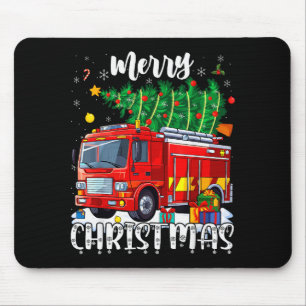 Merry Christmas Tree Firetruck Pajama Firefighter  Mouse Mat