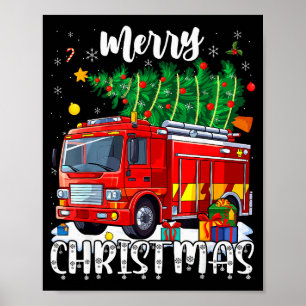 Merry Christmas Tree Firetruck Pajama Firefighter  Poster