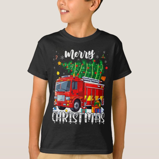 Merry Christmas Tree Firetruck Pajama Firefighter  T-Shirt (Front)