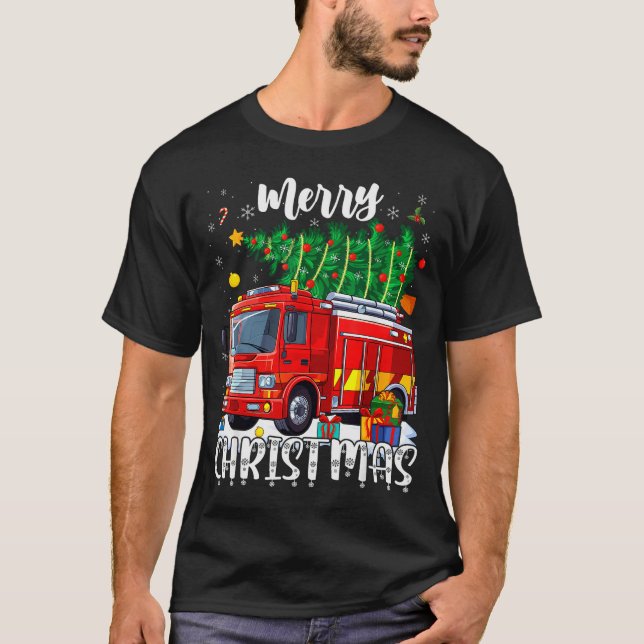 Merry Christmas Tree Firetruck Pajama Firefighter  T-Shirt (Front)