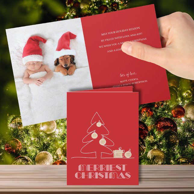 Merry Christmas Tree Folded Red Photo Holiday Card (Creator Uploaded)