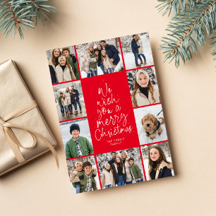 Merry Christmas tree fun 10 photo collage red Holiday Card