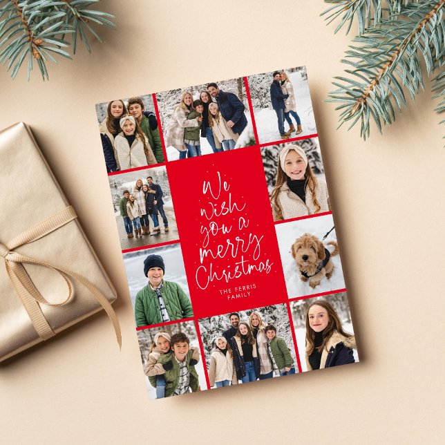Merry Christmas tree fun 10 photo collage red Holiday Card (Creator Uploaded)