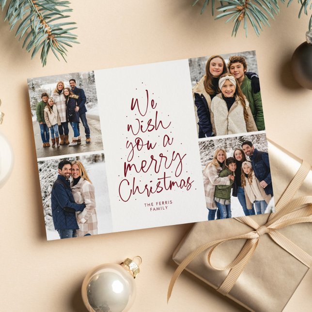 Merry Christmas tree fun photo collage maroon red Holiday Card (Creator Uploaded)