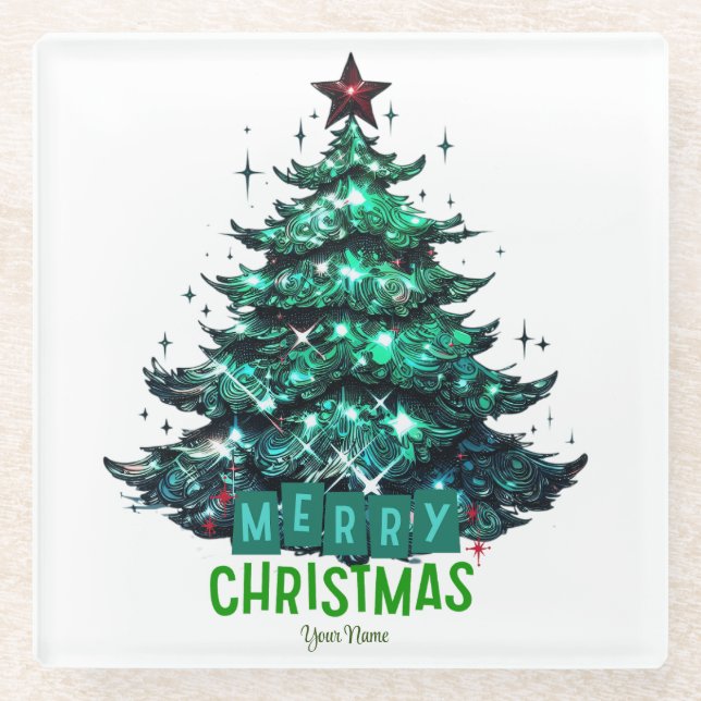 Merry Christmas Tree Glass Coaster (Front)