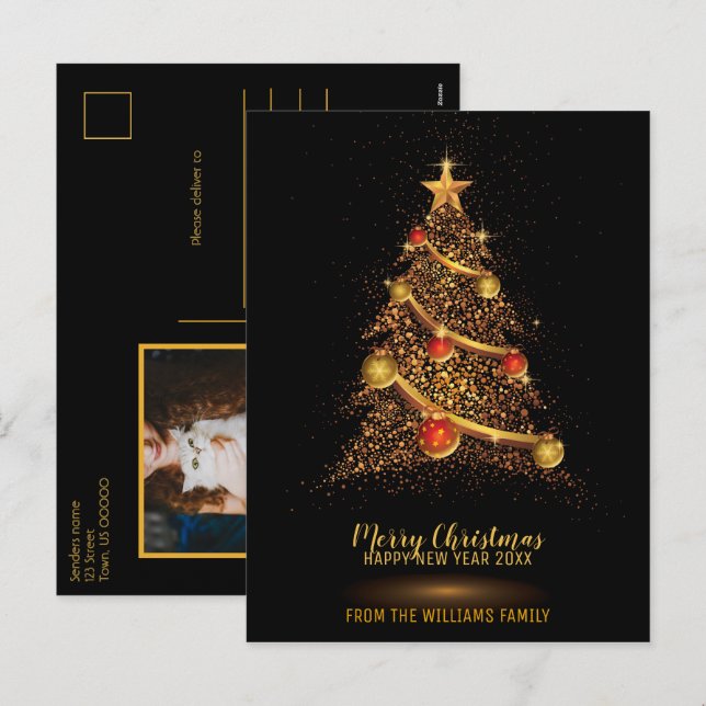 Merry Christmas Tree Glitter Black Family Photo Holiday Postcard (Front/Back)