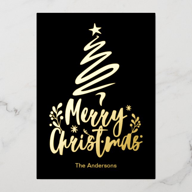 Merry Christmas Tree Gold Foil Christmas Card (Front)