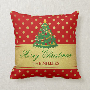 Merry Christmas Tree - Gold Glitter Polka Dots Cushion