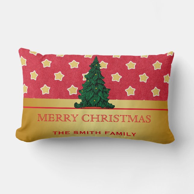 Merry Christmas Tree Gold Glitter Star Lumbar Cushion (Front)