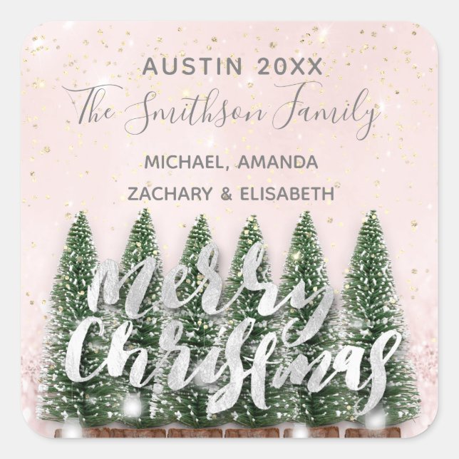Merry Christmas Tree Gold Pink Winter Lights Snow Square Sticker (Front)