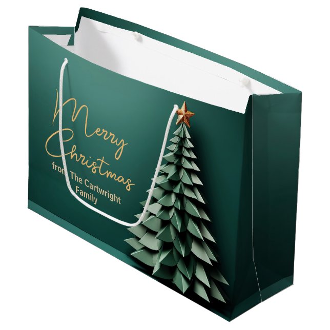 Merry Christmas Tree Gorgeous Green Gold Party Large Gift Bag (Front Angled)