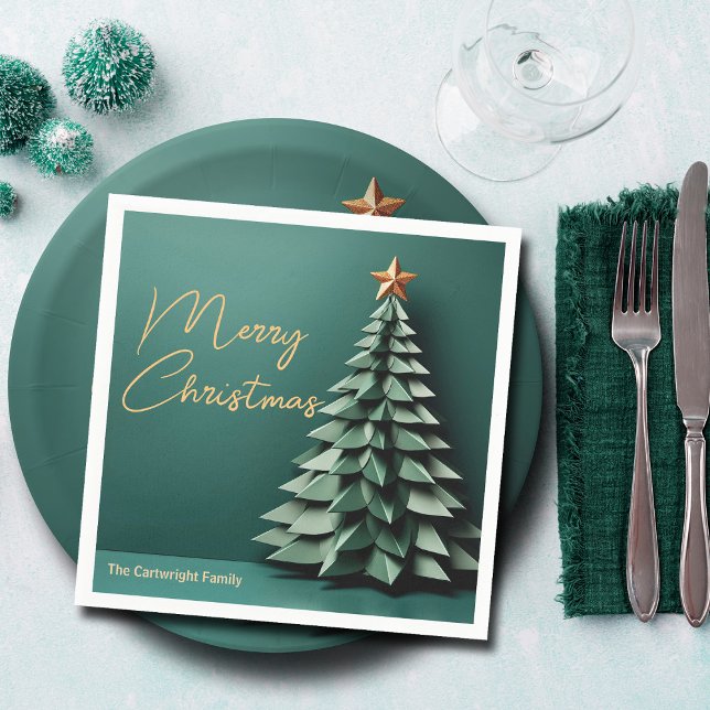 Merry Christmas Tree Gorgeous Green Gold Party Napkin (Creator Uploaded)