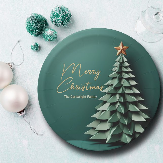 Merry Christmas Tree Gorgeous Green Gold Party Paper Plate (Creator Uploaded)