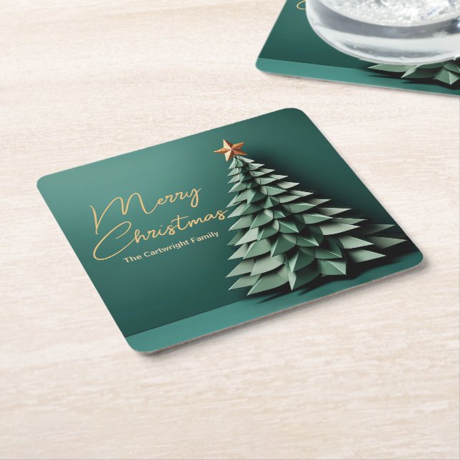Merry Christmas Tree Gorgeous Green Gold Party Square Paper Coaster (Angled)