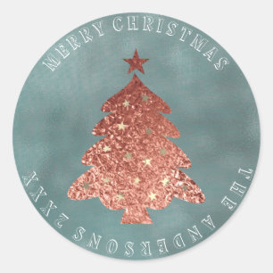 Merry Christmas Tree Gray Rose Gold Linen Grungy Classic Round Sticker