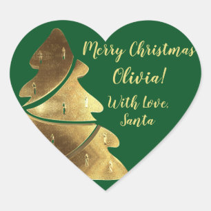 Merry Christmas Tree Green and Gold Elegant Heart Sticker