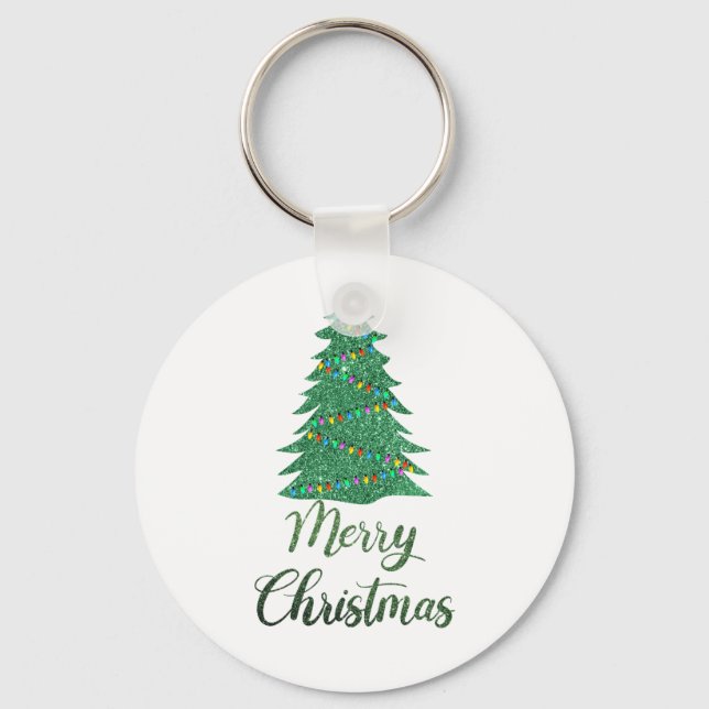Merry christmas tree- green glitter  key ring (Front)