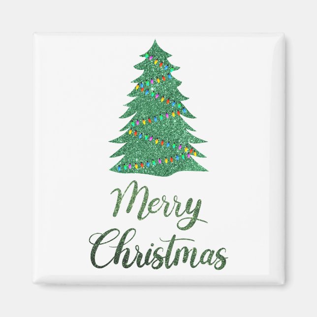 Merry christmas tree- green glitter   magnet (Front)