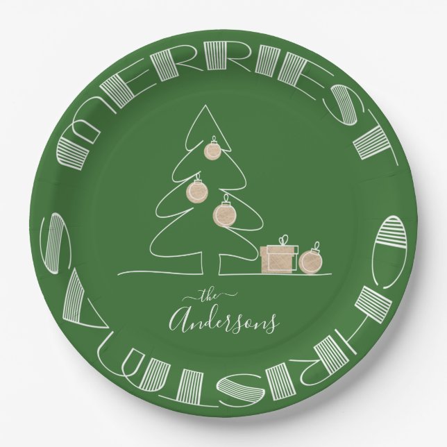 Merry Christmas Tree Green Paper Plate (Front)