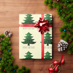 Merry Christmas tree green pattern custom text Wrapping Paper