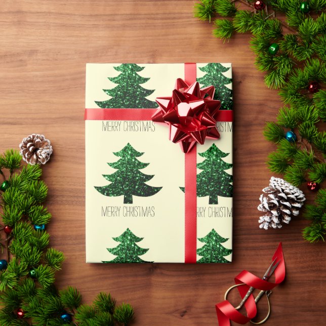 Merry Christmas tree green pattern custom text Wrapping Paper (Holiday Gift)