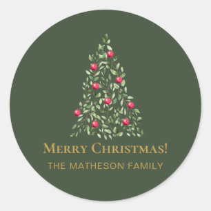 Merry Christmas Tree green red elegant family  Classic Round Sticker