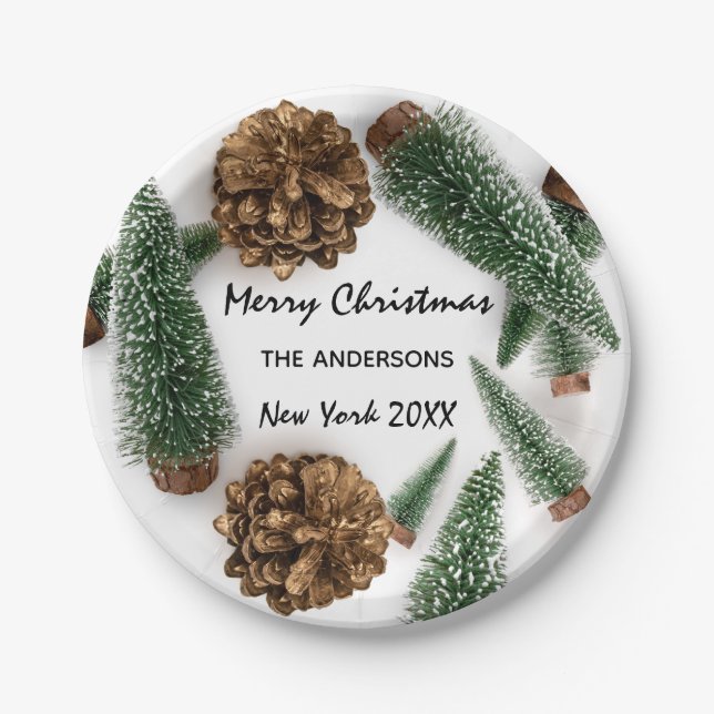 Merry Christmas Tree Green White Snow Minimal Paper Plate (Front)