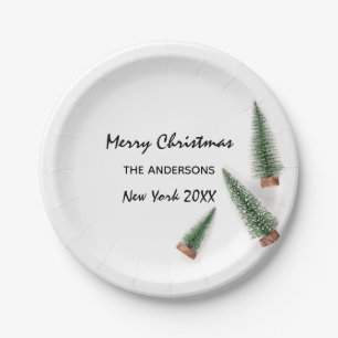 Merry Christmas Tree Green White Snow Minimal Paper Plate