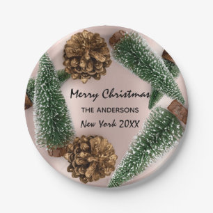 Merry Christmas Tree Green White Snow Rose Paper Plate