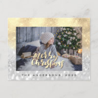 Merry Christmas Tree Grey Gold Spark Photo Glitter