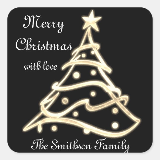 Merry Christmas Tree Happy New Year Black Gold  Square Sticker (Front)