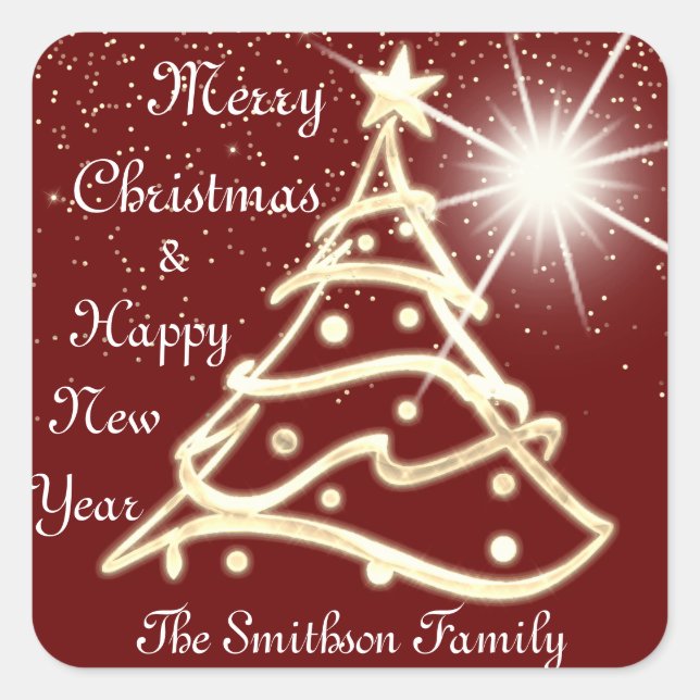 Merry Christmas Tree Happy New Year Gold Burgundy Square Sticker (Front)