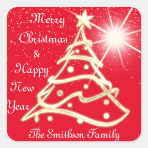 Merry Christmas Tree Happy New Year Gold Red Square Sticker