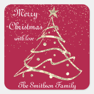 Merry Christmas Tree Happy New Year Red Gold  Square Sticker