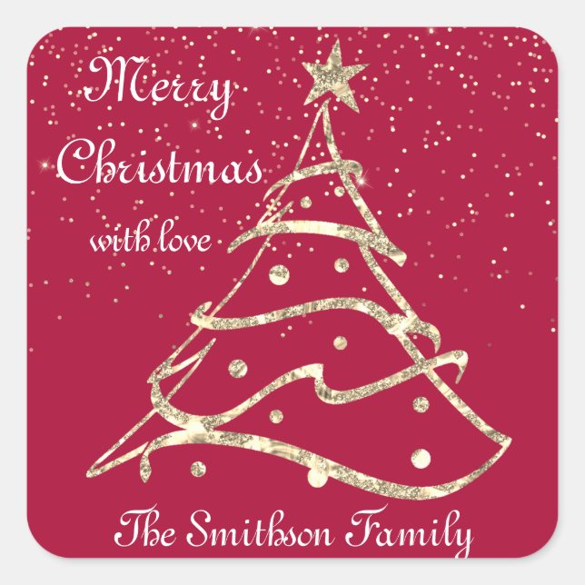 Merry Christmas Tree Happy New Year Red Gold  Square Sticker (Front)
