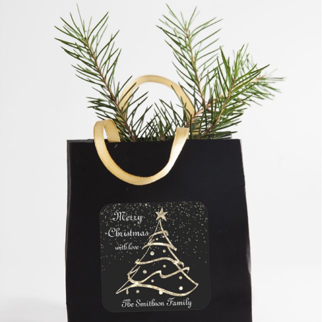 Merry Christmas Tree Happy New Year With Love Gold Square Sticker (Merry Christmas Tree Happy New Year With Love Gold Square Sticker)