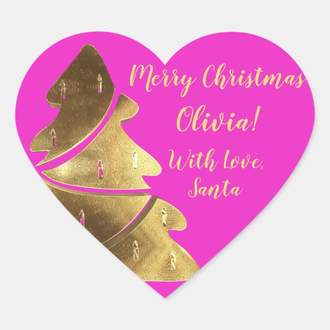 Merry Christmas Tree Hot Pink and Gold Elegant Heart Sticker (Front)