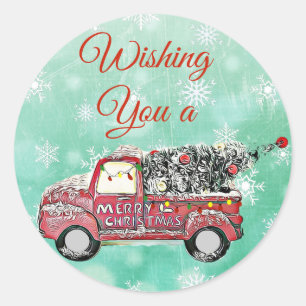 Merry Christmas Tree in Truck Classic Round Sticker