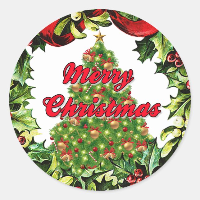 Merry Christmas Tree in Wreath Round Sticker (Front)