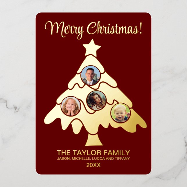 Merry Christmas Tree Insert Photo Family Frame Foil Holiday Card (Front)