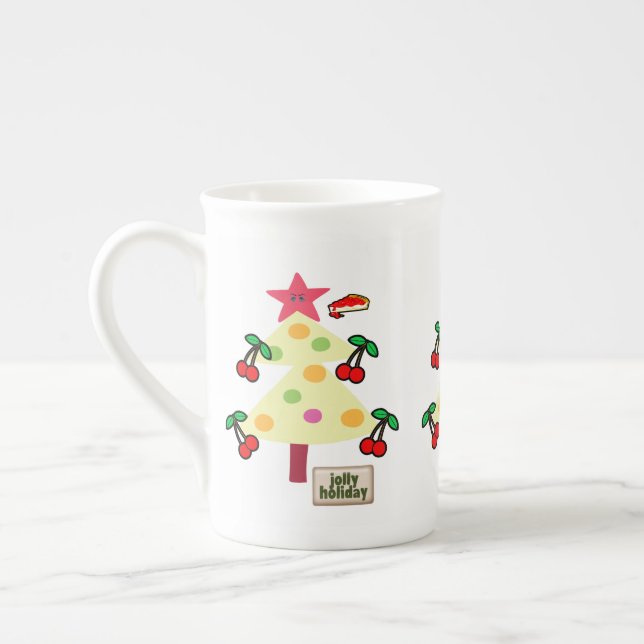 Merry Christmas Tree, Jolly Holiday Cherries  Bone China Mug (Left)
