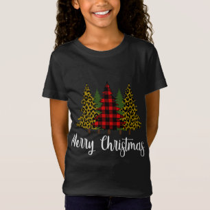 Merry Christmas Tree Leopard and Buffalo Plaid Xma T-Shirt