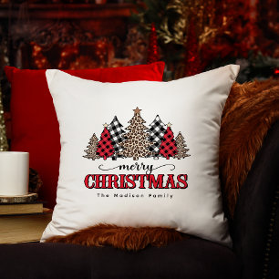 Merry Christmas Tree Leopard & Buffalo Plaid Cushion