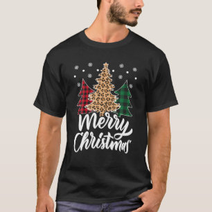 Merry Christmas Tree Leopard Buffalo Plaid Xmas T-Shirt